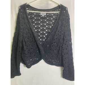 Avenue Black Crocheted Shrug Cardigan Size 22/24 Open Long Sleeve Bolero Boho Bo